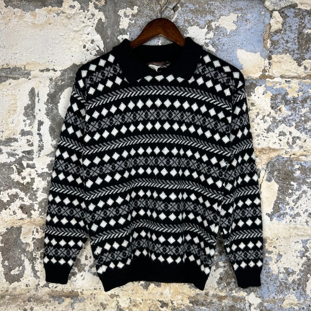 Vintage Pickett & Smith Sweater Mens Small Black White Geometric Fair Isle USA